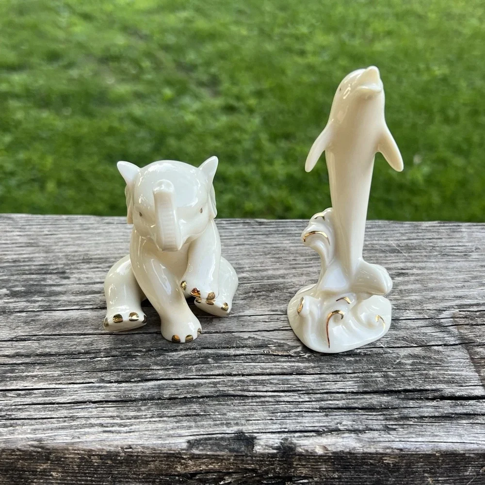 Lenox Ivory Porcelain Elephant Dolphin Figurines Gold Accent Bundle Collectible